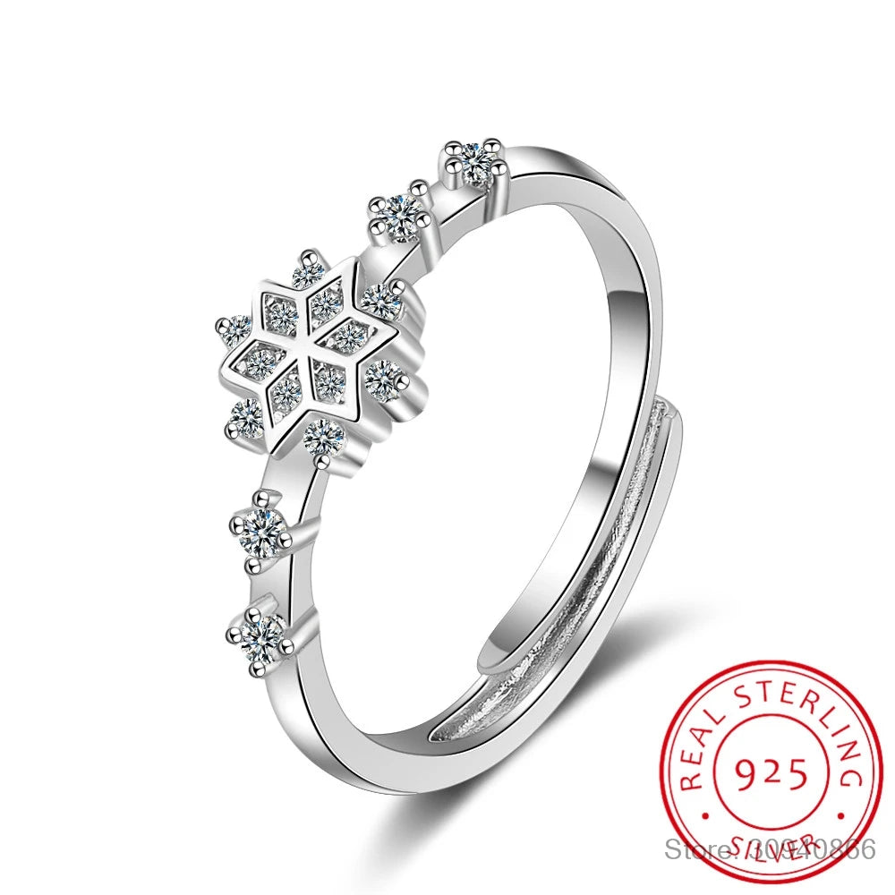 Luxury Female Flower Snowflake Ring Real 925 Sterling Silver Zirconia Stone Ring Boho Promise Love Engagement Rings For Women