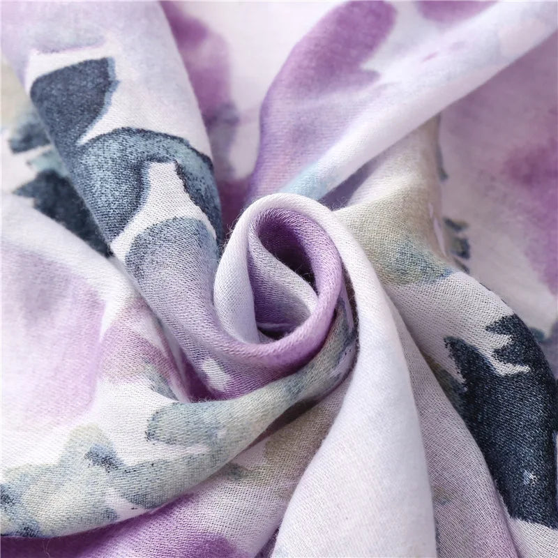 2023 New Purple Ink Flowers Retro Long Scarf Women Bohemia Luxury Florals Beach Shawls Viscose Hijab Scarves