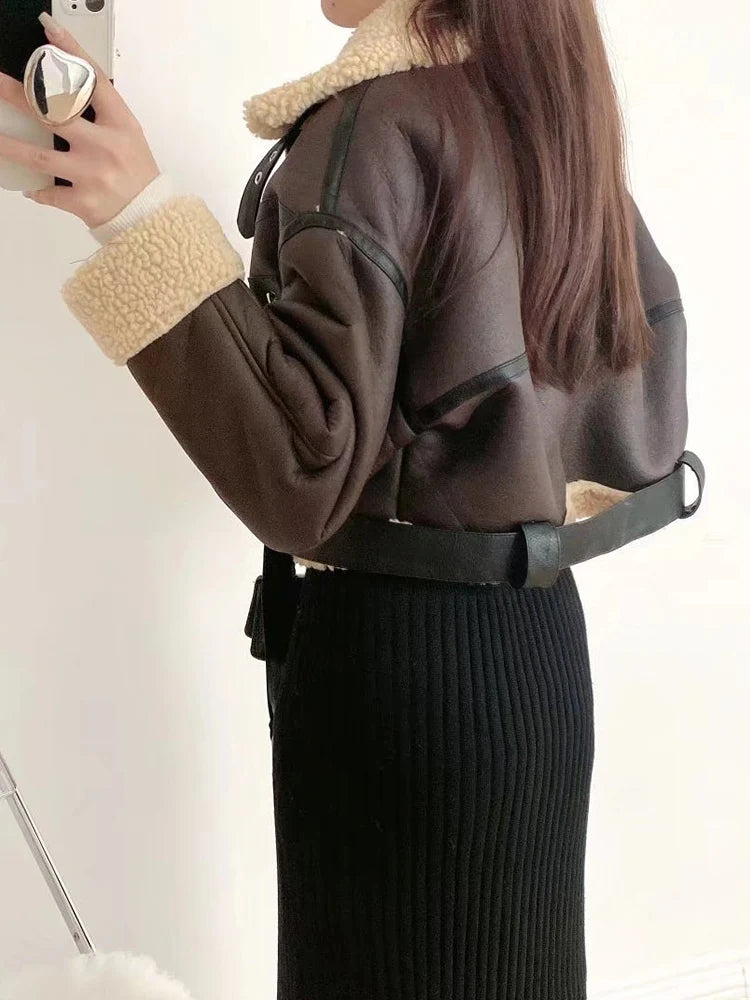 Winter women's street clothing artificial lamb fur leather short jacket with belt motorcycle thick warm sheepskin overcoat coat