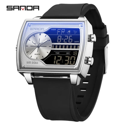 SANDA 6163 Fashion Trend Men's Quartz Watch Fashion Square Watch Countdown Sports Waterproof Dual Display Digital Men's Watches