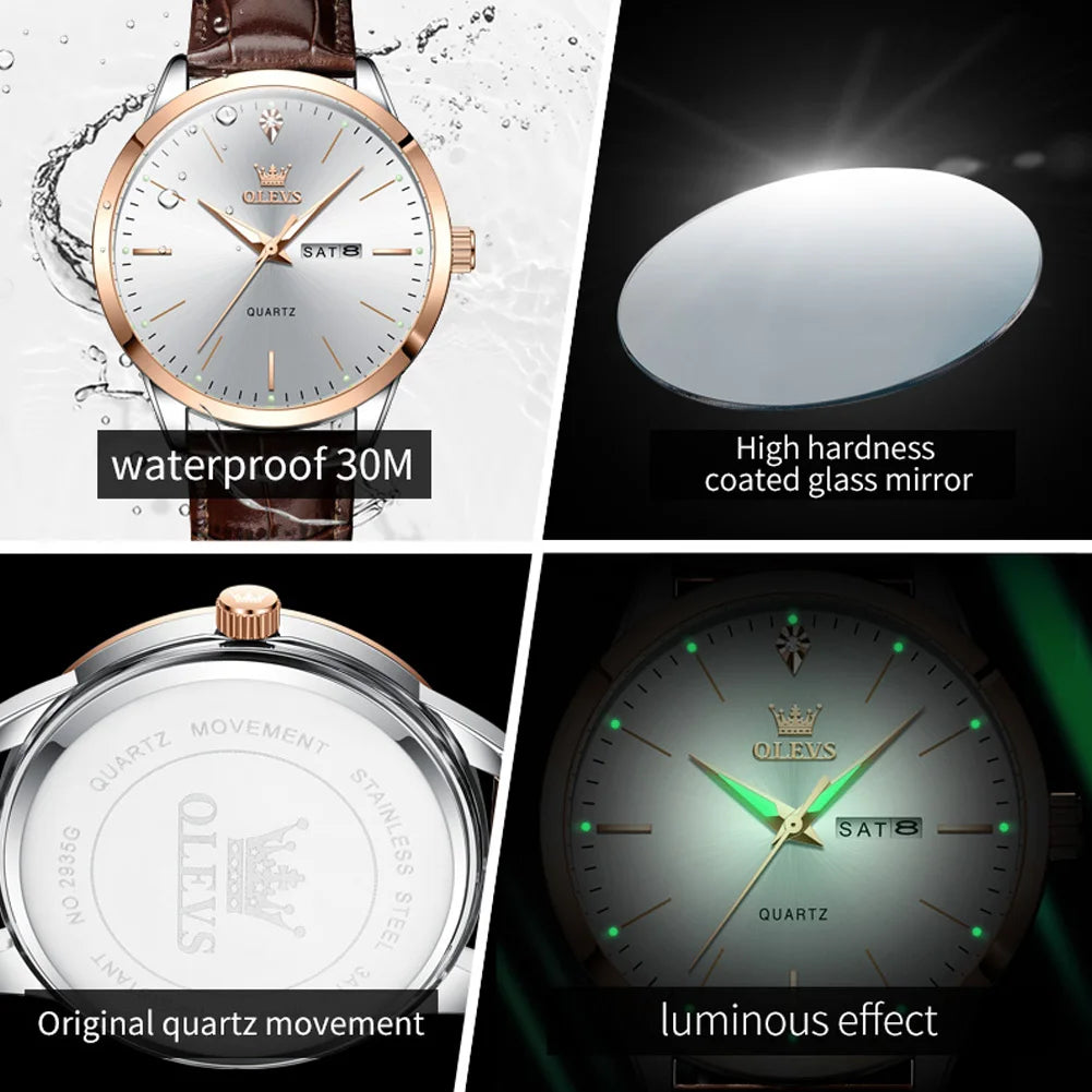 OLEVS Fashion Business Brand Original Men Watches Leather Strap Trend Week Calendar Quartz Watch Luminous Waterproof 43mm Dial