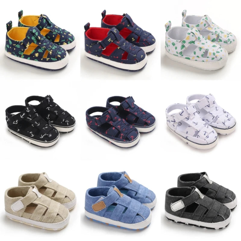 Summer 0-1 year old boy baby shoes fashionable and classic baby sandals soft and lightweight cloth soles casual walking shoes