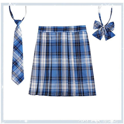 Women Plaid Pleat Skirt With Necktie Bowtie