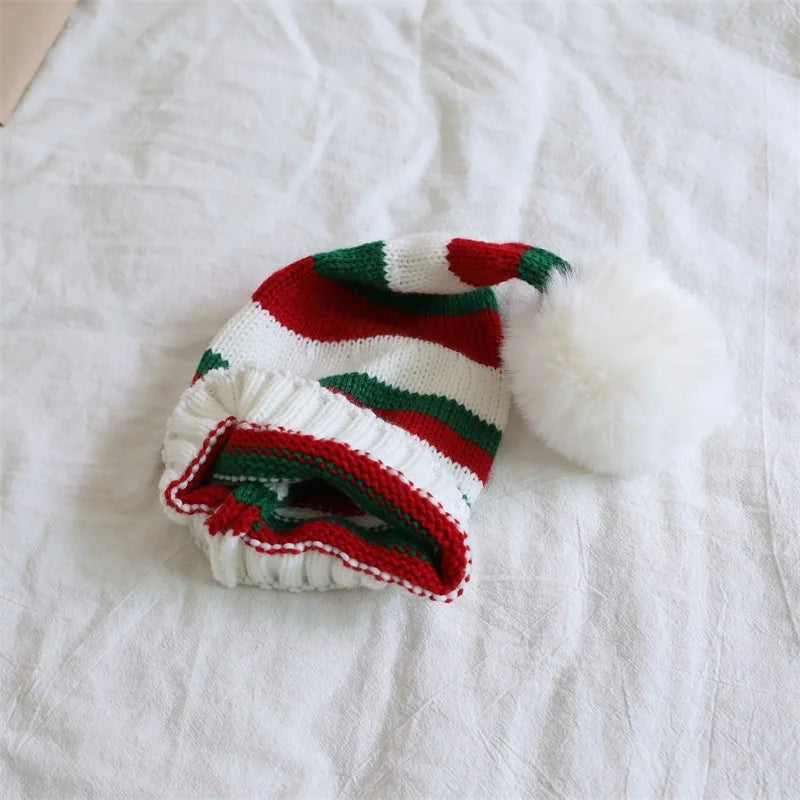 Suefunskry Christmas Knitting Hat Winter Warm Striped Beanie Cap Cold Weather Pom Hat for Kids and Adults