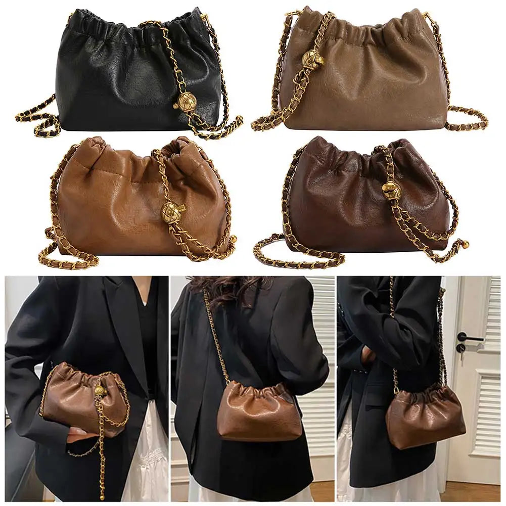 Women Chain Shoulder Bag PU Leather Crossbody Tote Bag Versatile Pleatd Hobo Bag Satchel Sling Bag Daily Dating Purse