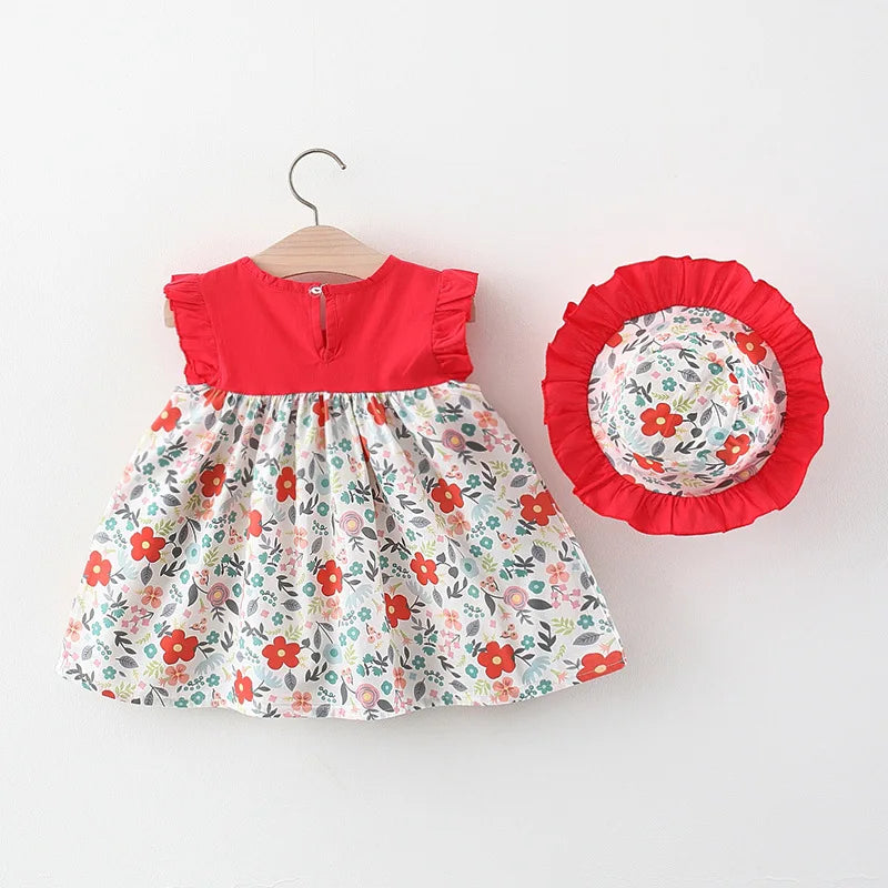 Summer Baby Girl Dress Flower And Leaf Print Small Flying Sleeve Dress Girl Cute Princess Dress With Hat