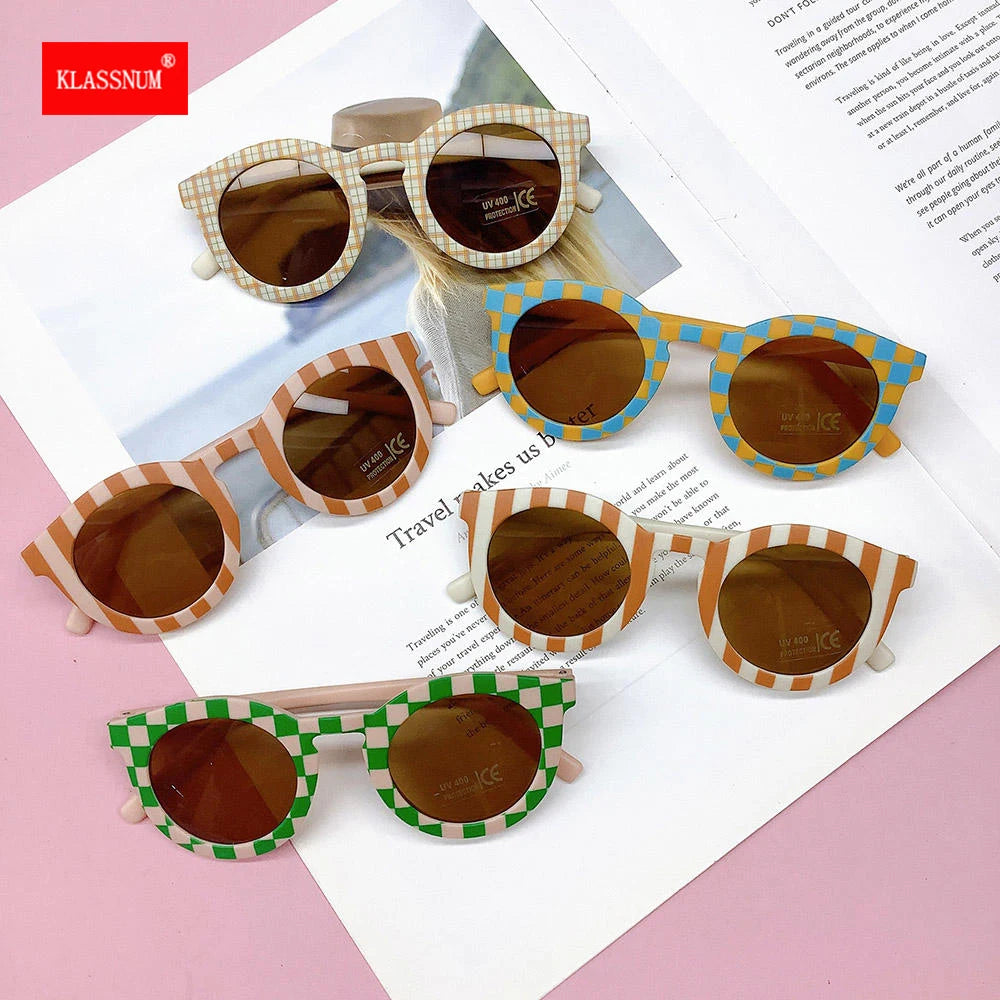 Round Sunglasses Kids Trendy Grid Frame Sun Glasses UV400 Baby Boys Girls Children Cute Brand Designer Colored Sun Shade Eyewear