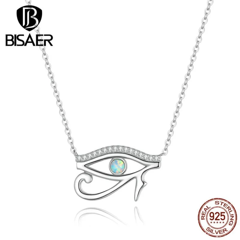 BISAER 925 Sterling Silver Necklace Ancient Egypt Eye of Horus Pendant Chain Plated Platinum for Women Party Fine Jewelry Gift