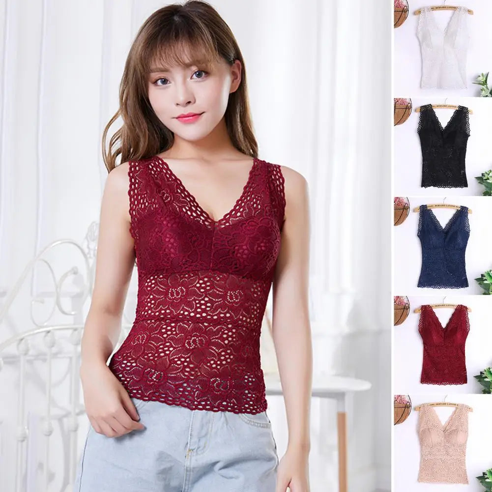 Tank Top V-neck Padded Vest  Spaghetti Straps All-Match Sexy Lace Long Bra Crochet Vest Inside Wear