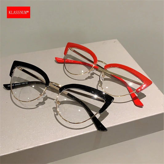 KLASSNUM 2024 Women Retro Cat Eye Anti Blue Light Glasses Metal Frame Glasses Female Radiation Protection Computer Eyeglasses