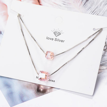 925 Sterling Silver Double Layer Square Box Simple Cube Crystal Necklace For Women choker Colar de Prata S-N194