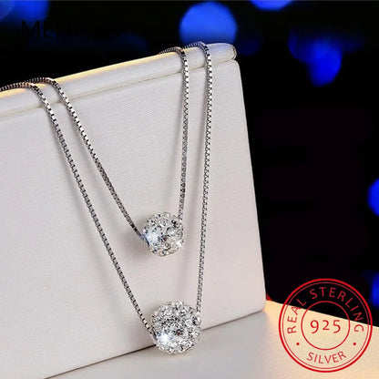 925 Sterling Silver Shiny Diamond Crystal Double Layer Rhinestone Ball Pendant Necklace For Women Wedding Jewelry Choker Collar