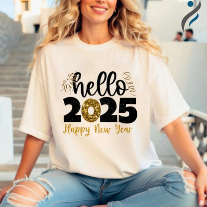 Hello 2025 Happy New Year Print Women T-shirt Short Sleeve Tee Shirt Fashion Comfy Tshirt Summer Women's New Year Clothes