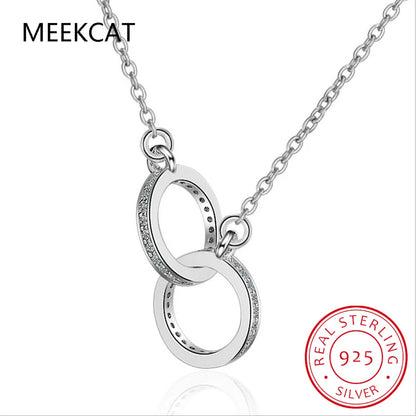 925 Sterling Silver Double Circle Interlock Pendant Necklace Double Ring Collarbone Neck Chain for Women Jewelry BSN295