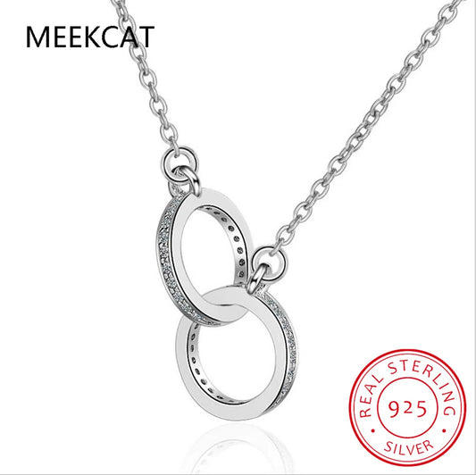 925 Sterling Silver Double Circle Interlock Pendant Necklace Double Ring Collarbone Neck Chain for Women Jewelry BSN295