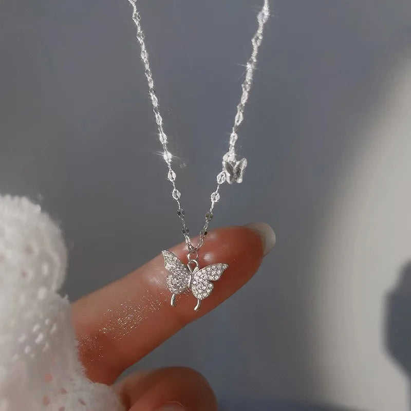 925 Sterling Silver Necklace For Woman Butterfly Necklace Ladies Exquisite Double Layer Clavicle Chain Necklace Jewelry Gift