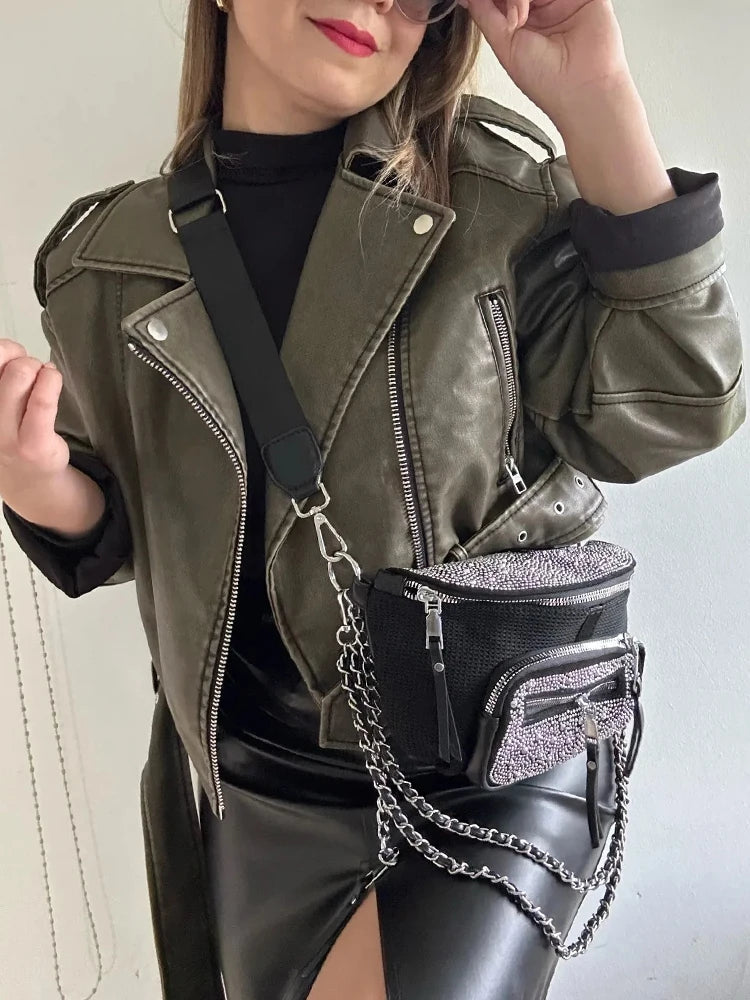 Ailegogo Vintage Women Loose Long Sleeve Pu Faux Leather Short Jacket with Belt Streetwear Female Retro Moto Biker Coat Outwear