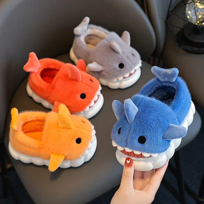 Winter Heel Wrap Cotton Children's Slippers Cute Cartoon Shark Non-slip Soft Sole Kids Boys Girls Junior Warm Plush Home Shoes