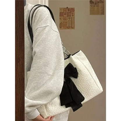 Crossbody Bags For Women Korean 2023 New Big Bowknot Tote Canvas Summer High Capacity Cute Simple Luxury Elegant Bark Texture