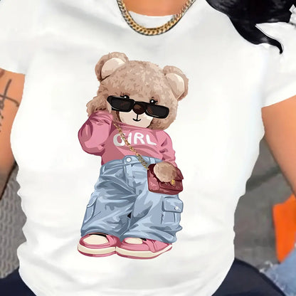 Cute Bear Print T-shirt Short Sleeve Crew Neck Casual Top For Summer & Spring Women's Clothing T Shirt Female Tops Streetwear