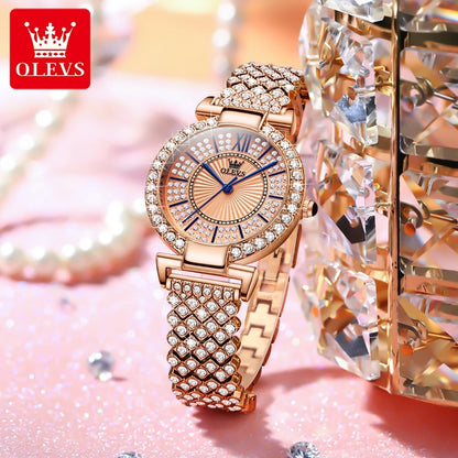 OLEVS Original Full Diamond Luxury Quartz Watch for Women Elegant Rose Gold Ladies Dress Wristwatch Stainless Steel Girl's Watch