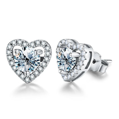 DiamondWorld Real 0.5CT D Color Moissanite Diamond Heart Halo Stud Earrings for Women 925 Sterling Silver Luxury Fine Jewelry