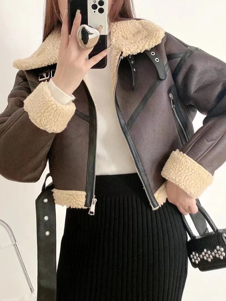 Winter women's street clothing artificial lamb fur leather short jacket with belt motorcycle thick warm sheepskin overcoat coat