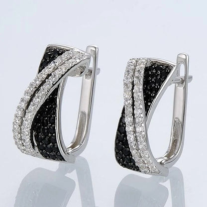 Huitan Black/White Cross Earrings for Women New Trendy Hoop Earrings Silver Color Modern Fashion Female Accessories CZ Jewelry