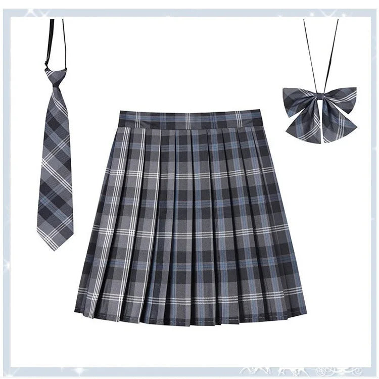 Women Plaid Pleat Skirt With Necktie Bowtie