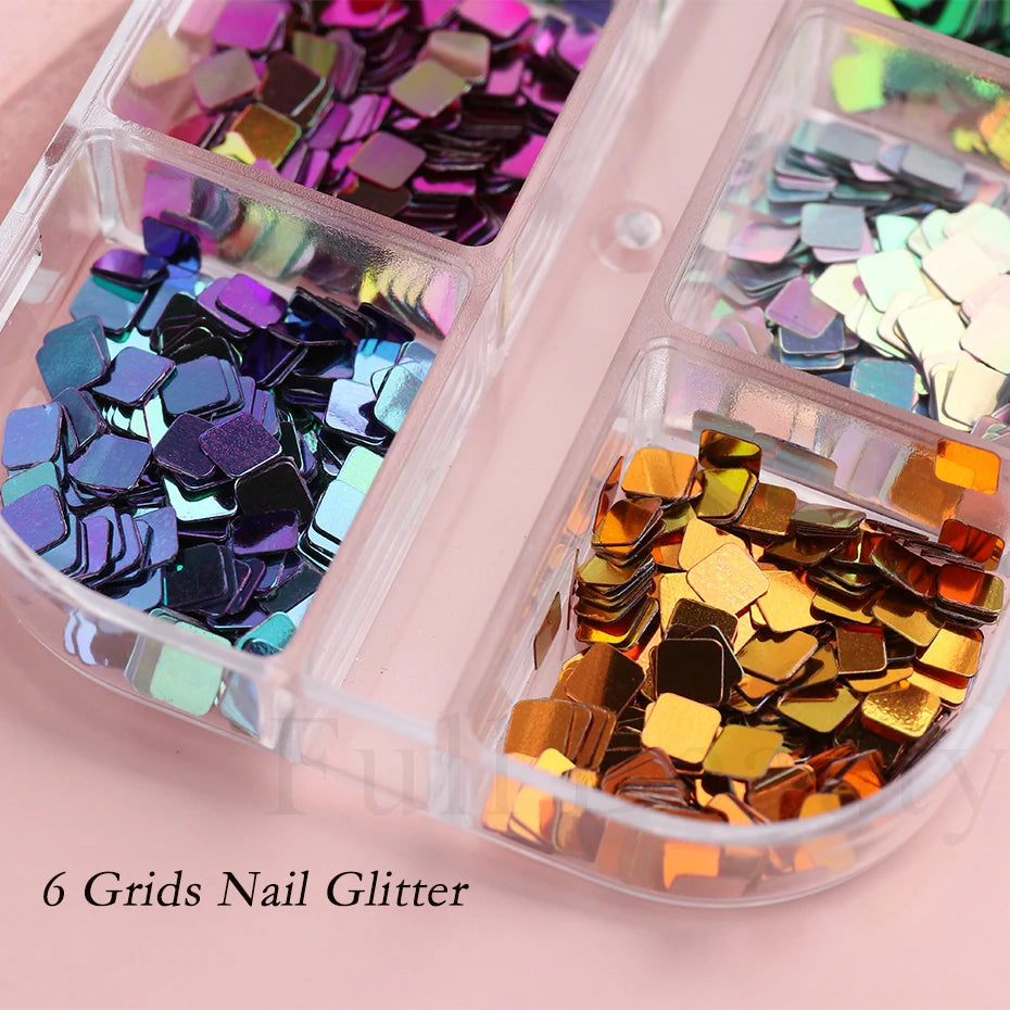 6 Grids Laser Checkerboard Nails Glitters Square Holographic Nails Sequins Mirror Chrome Paillette Manicure Decoration JI1909-37