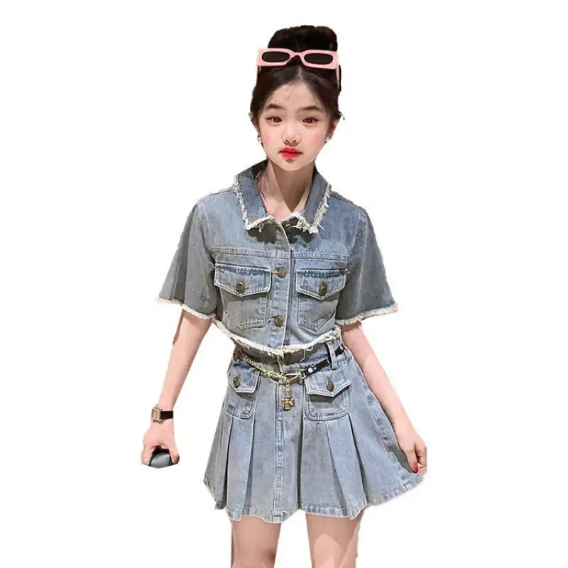 New Summer Teenage Girls Clothes Top+Denim Shorts 2pcs Kids Girl Outfits Clothing 4 6 8 10 12 14 15 Years Children Garments