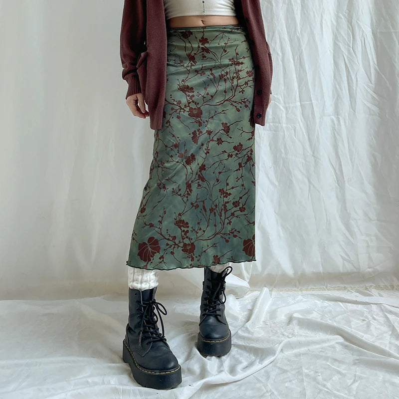 CIBBAR Harajuku Floral Print Long Skirt Vintage Low Rise Straight Midi Skirts for Women Autumn Basic All-match Skirts Ladies Y2k