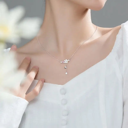 100% Real 925 Sterling Silver Cherry Flower Shell Long Tassel Necklace for Women Sweet Heart Pendant Clavicle Chain Necklace