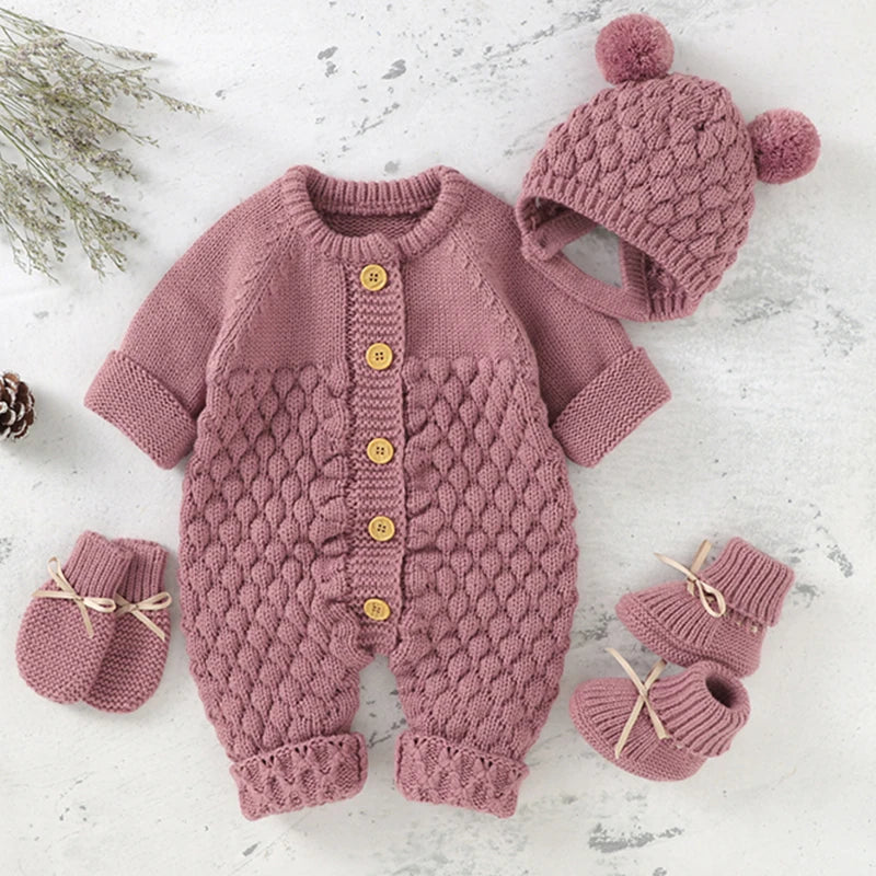 Winter Warm Knitted Baby Rompers & Shoes + Gloves