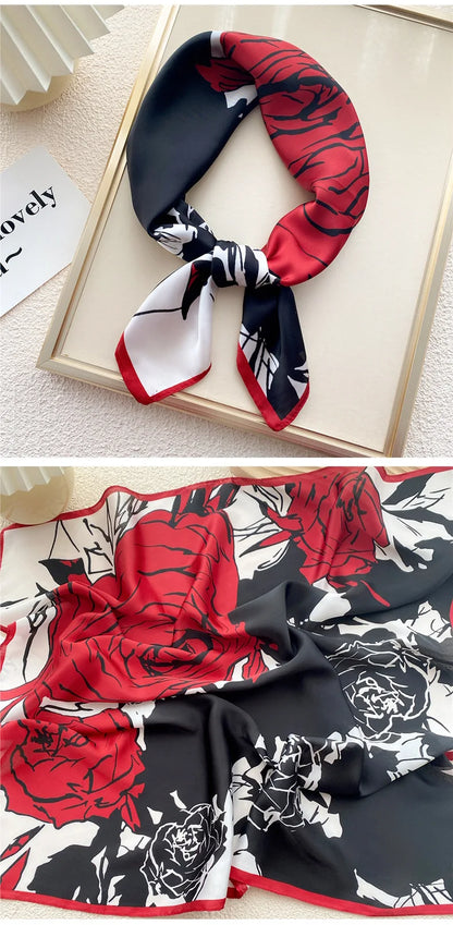 2022 Charming Roses Print Silk Square Scarf Women 70cm Satin Neckerchief Hair Band Foulard Bandana Echarpe Tie Shawl Wraps