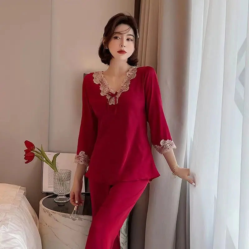 Women Silk Sleepwear Lace Tops Pants Pajama Sets Two Piece Suit Loungewear Sexy V-neck Nightwear Luxury Brand Women Clothing