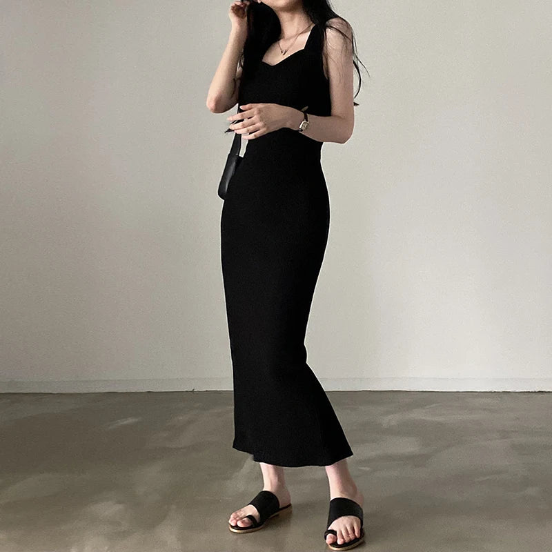 CIBBAR Basic Knit Long Dress Korean Fashion Square Collar Sleeveless Women's Dresses Summer Casual Y2k Vintage All-match Outftis