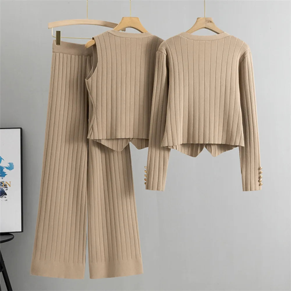 Autumn Winter Knitted 3 Pieces Set Women Clothes Metal Buttons Cardigan Sweater + V Neck Knit Vest + Wide Leg Long Pant Suits