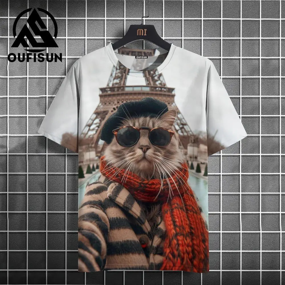 Fashion Sketch Animal Graphic Men T-shirts Cats 3D Print Oversize Short Sleeve Men T shirt  O-Neck Casual Men Women T-shirt