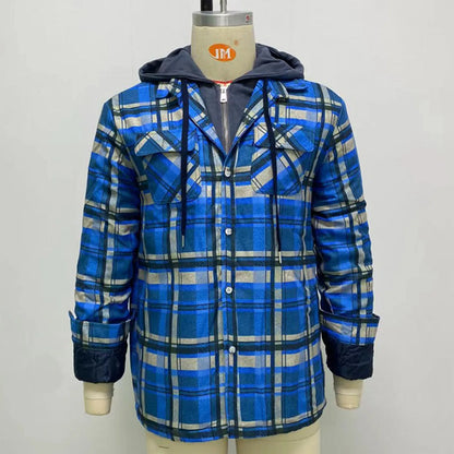 Men Coat Quilted Lined Button Down Plaid Shirt