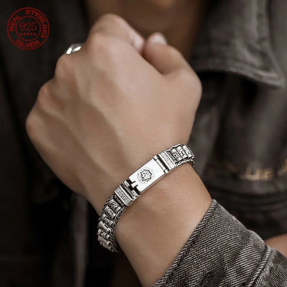 Retro Style Men Bracelet Simple and Generous Silver Bracelet Woven Six-Character Mantra Bracelet 925Silver Chain Jewelry