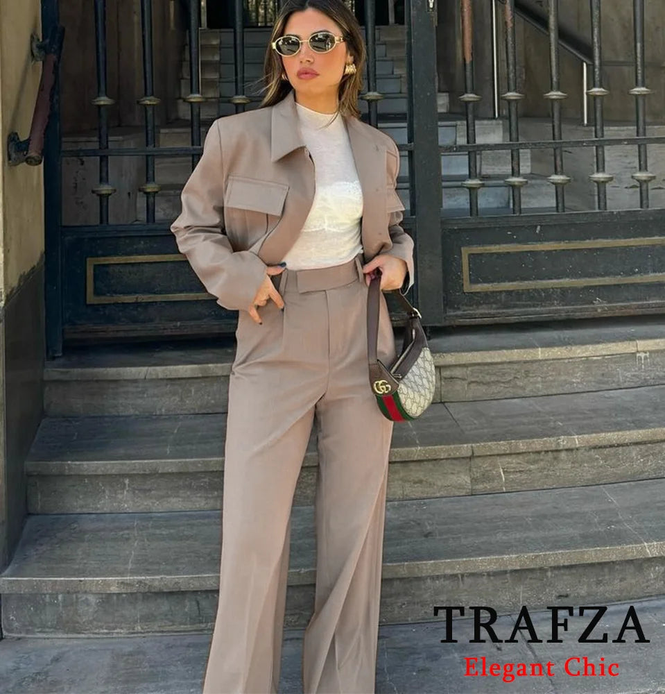 TRAFZA Casual Short Blazer Suit Women Pockets Lapel Jacket with Pants New 2024 Spring Fall Holiday Commuter Blazer Suit