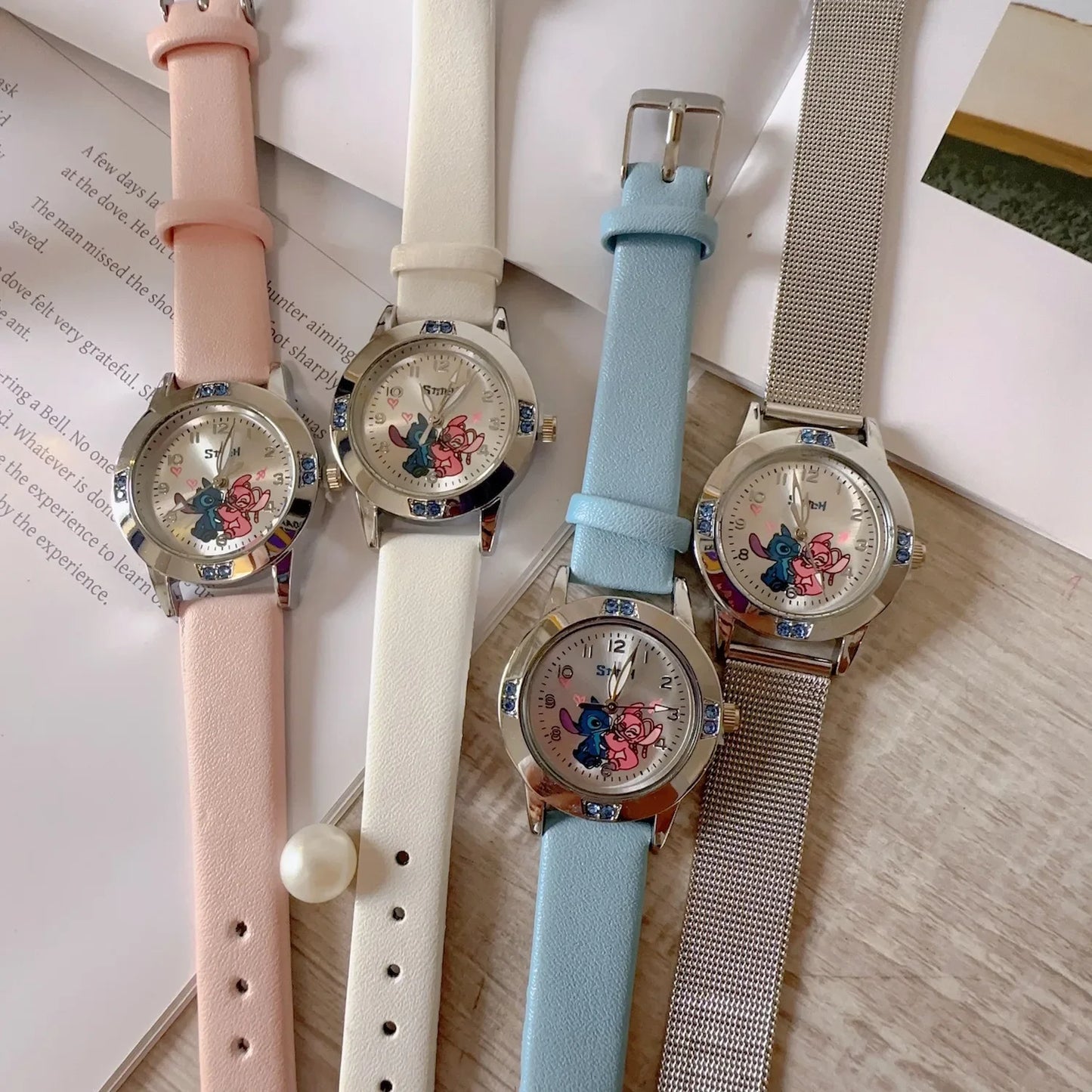 Disney Stitch Girl's Watches Diamond Quartz Watch for Women Stich Cartoon Leather Wristwatches Fashion Steel Belt Watch Gift