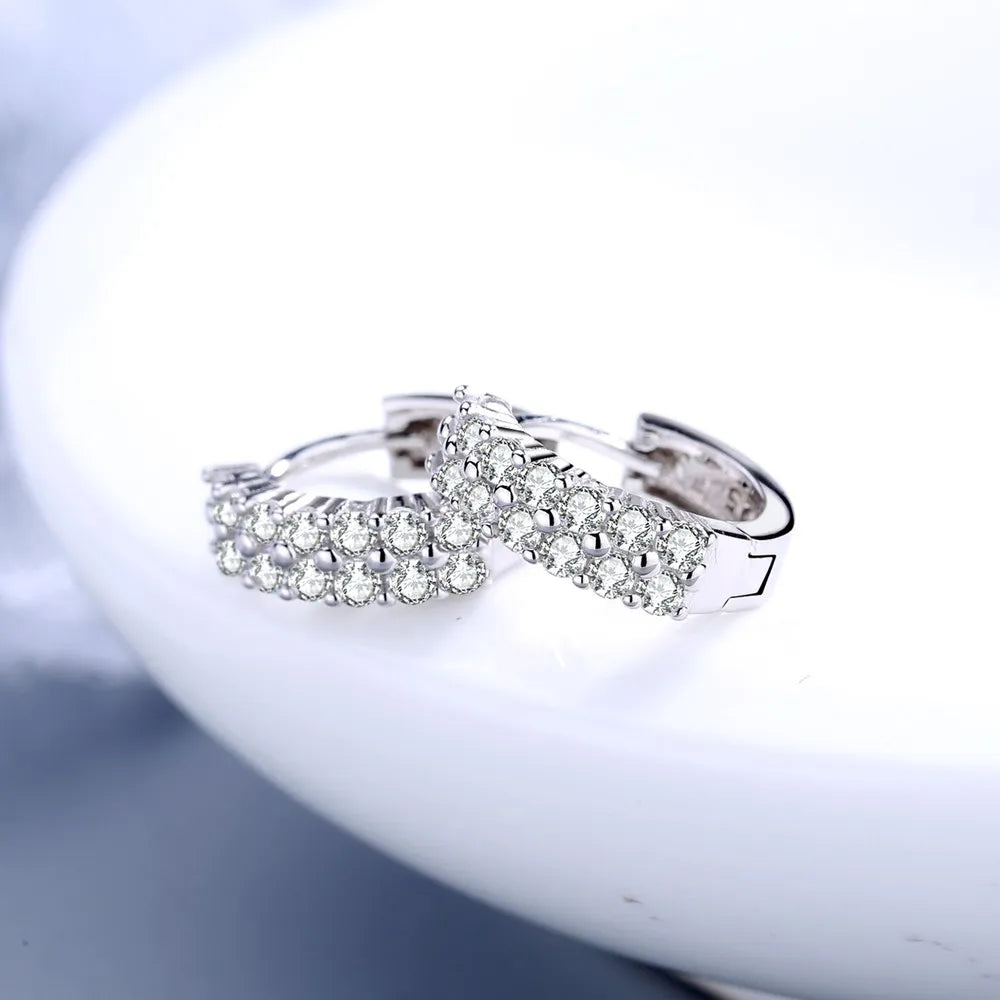 korean fashion 925 Sterling silver Double row Zircon Round Earrings Stud for women fine Jewelry wedding accessories