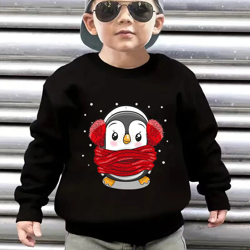 Autumn Winter Children's Christmas Sweatshirts Funny Cartoon Penguin Hot Stamped Pullover Long Sleeve Xmas Gift Boy Girl Hoodies