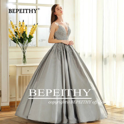 BEPEITHYCustomized Elegant Ball Gown Evening Dress Spaghetti Straps Lace Bodice Glitter Fabric Prom Vestidos De Ocasión Formales