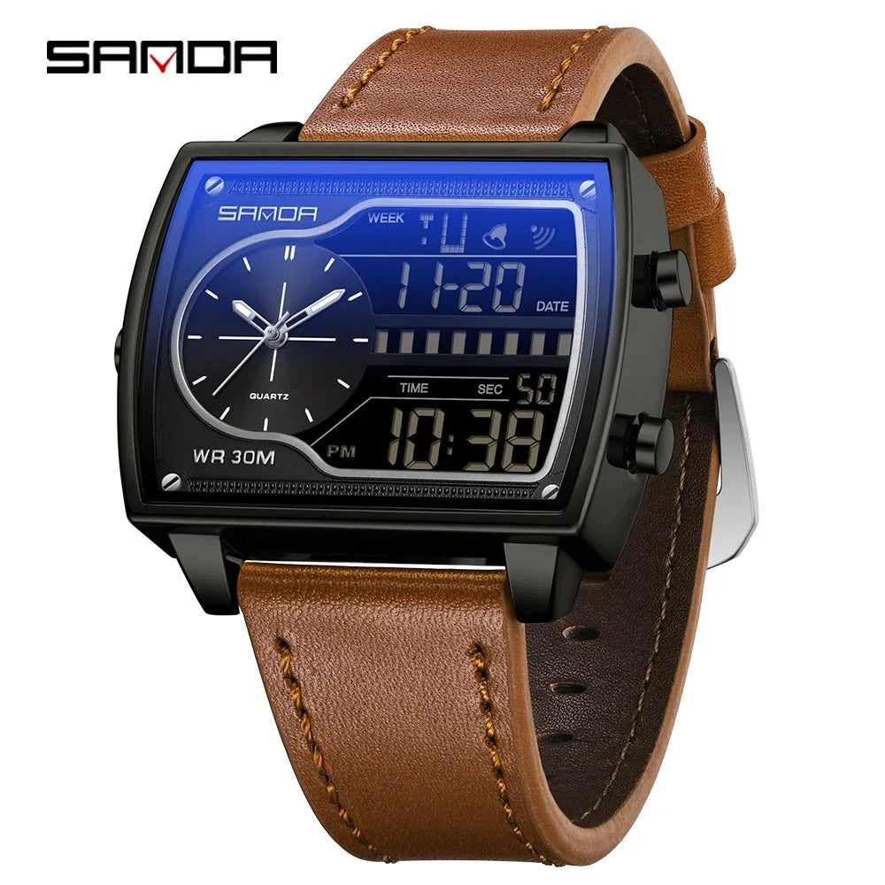 SANDA 6163 Fashion Trend Men's Quartz Watch Fashion Square Watch Countdown Sports Waterproof Dual Display Digital Men's Watches