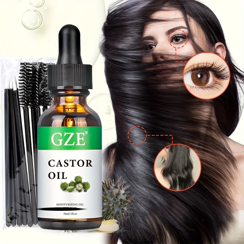 GZE Castor Oil Cold Pressed for Strengthens & Thickens Eyelashes & Eyebrows Hair, Skin, Nails & Scalp with 10 Liner Brush