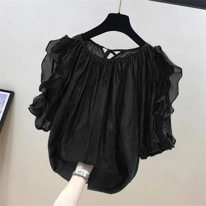 ZANZEA Women Cold Shoulder Blouses Fashion Ruffled Half Sleeve Tops 2024 Back Straps Pleated Tunics Summer Casual Loose Shirts