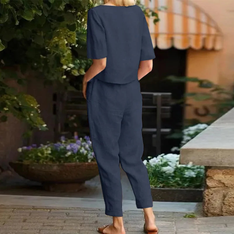 Women's Cotton Linen Suit Summer Matching Suit Half-sleeved Round Neck Tie Elastic Waist Trousers Wide-leg Pants Retro Suit